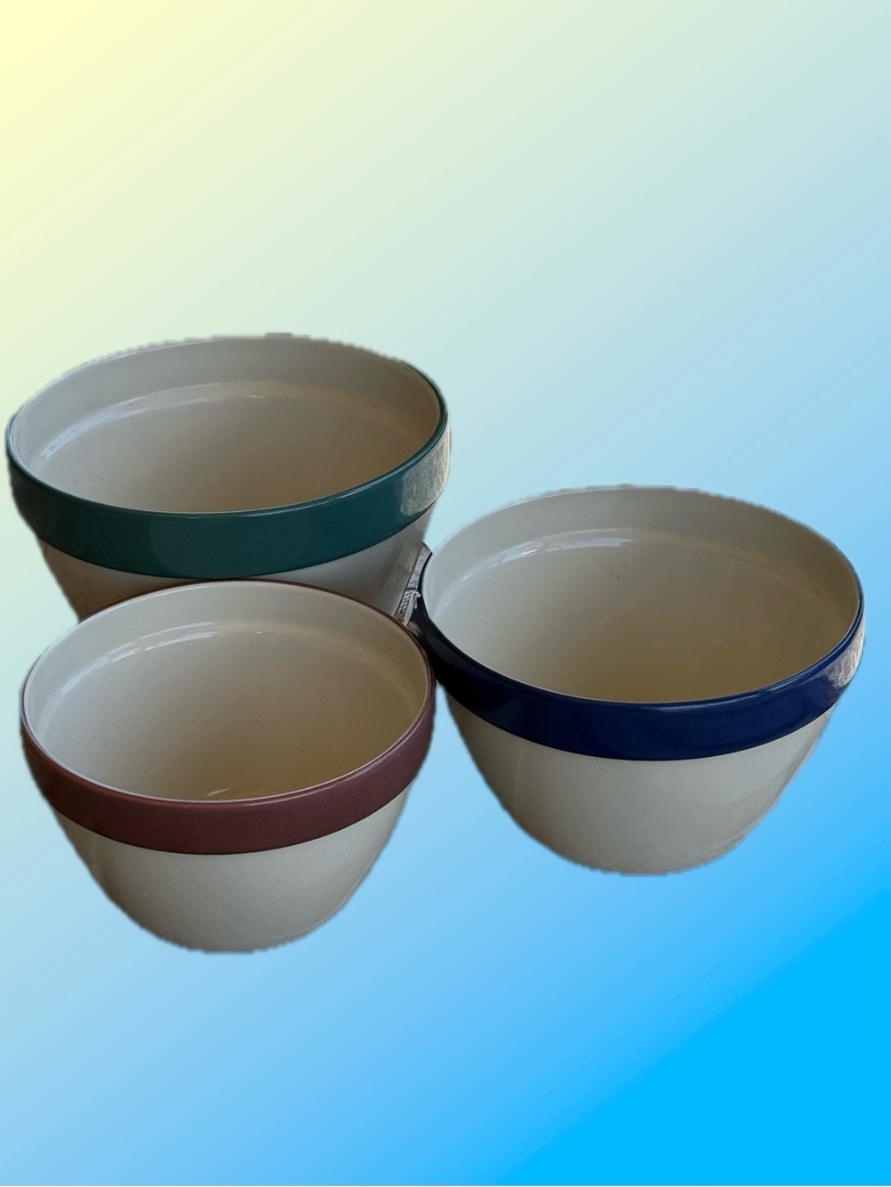 Set of 3 ‘Over and Back’ Bowls Portugal  Teal, Blue, and Mauve Rims 6,4,3 cups